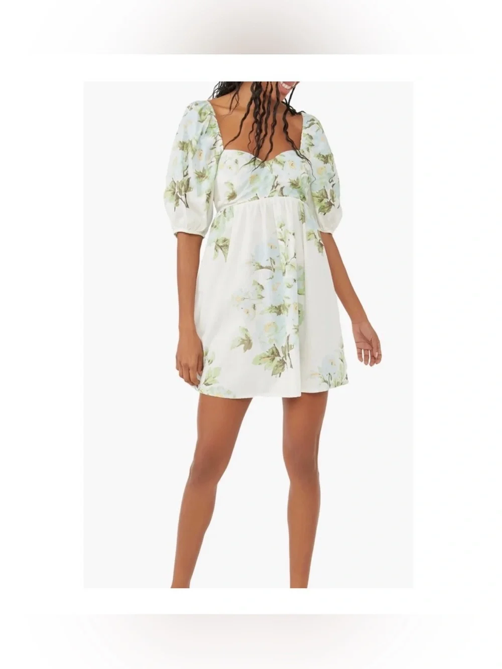 Free People Peony Mini Babydoll Dress in Green and White